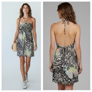 Backless Karina Grimaldi Halter Mini Dress in Black and Pastel Print